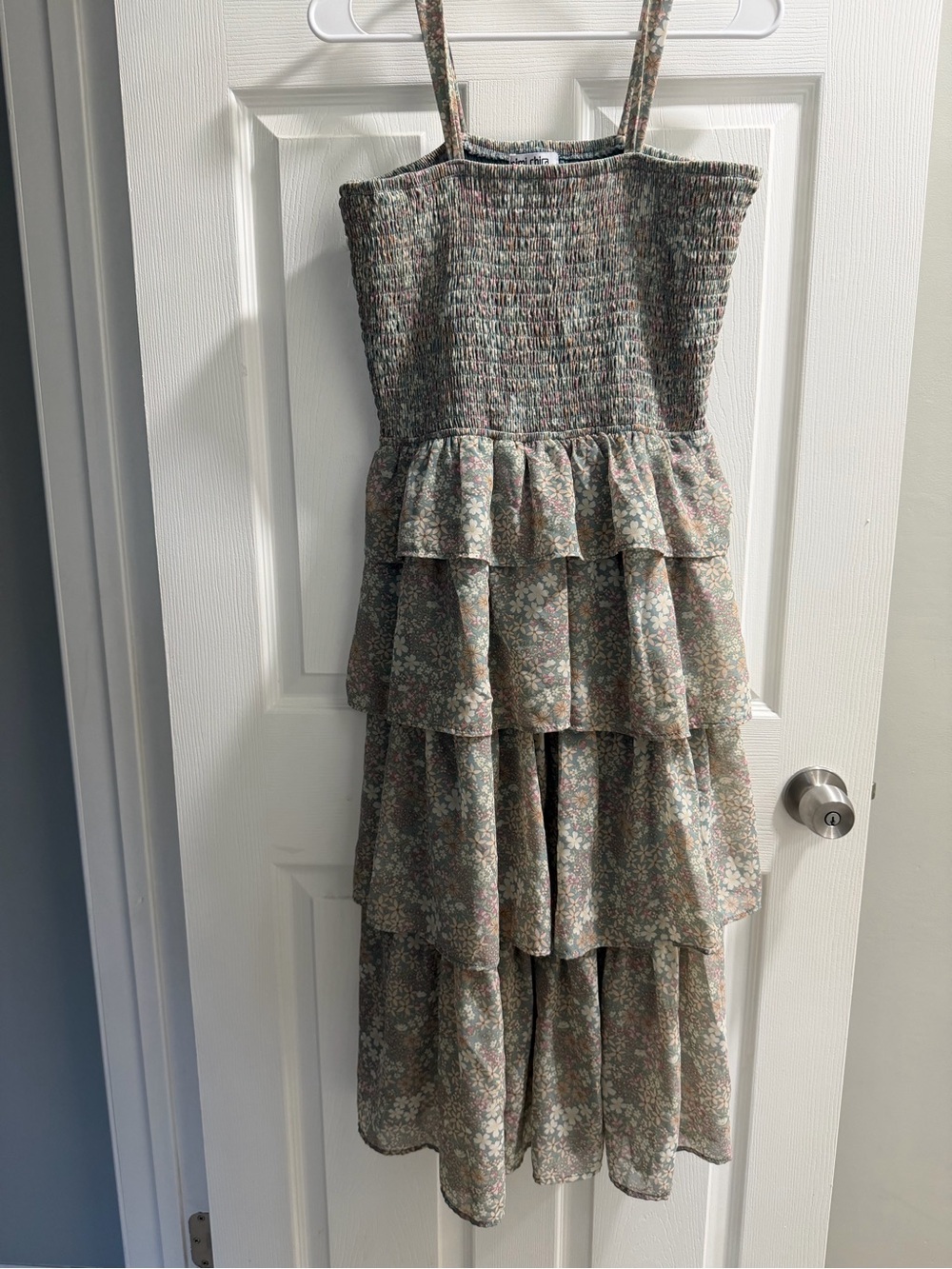 Mimi Chica Smocked Tiered Midi Dress in Sage and Pink Floral